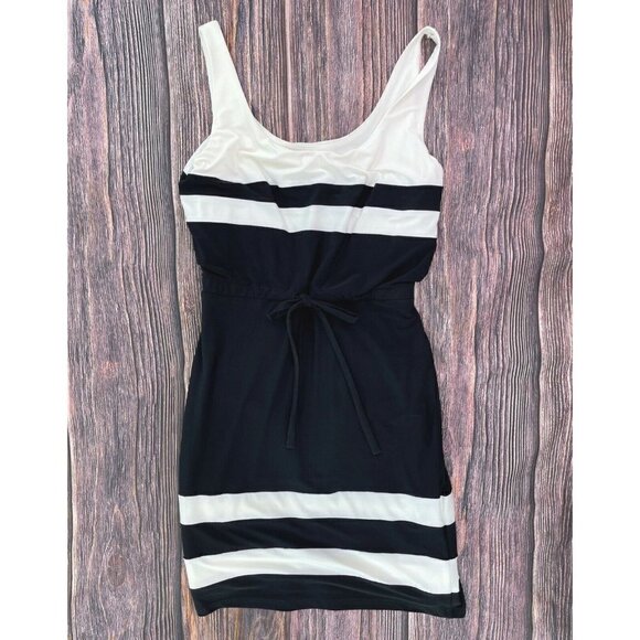 Ralph Lauren Sz 8 Black Knit Stripe Drawstring Shift Dress Elastic Waist m - Picture 1 of 5
